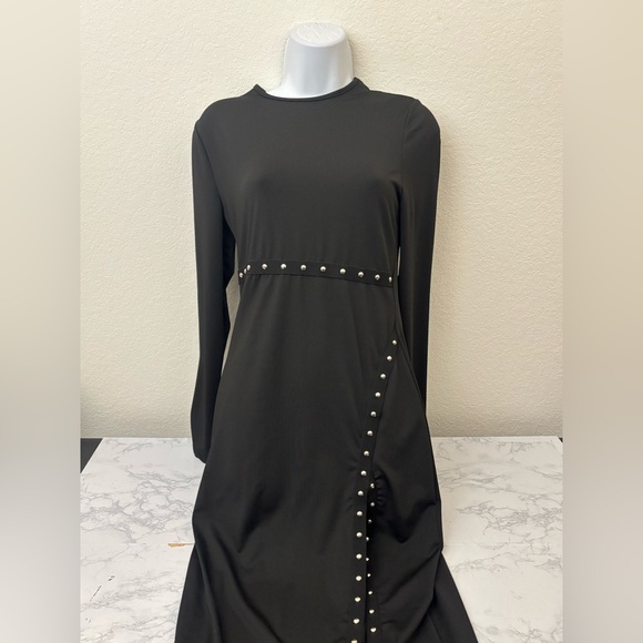 SHEIN Dresses & Skirts - SHEIN Black Round Neck Long Sleeve Maxi Dress Split Side Sz M Beaded Bodycon